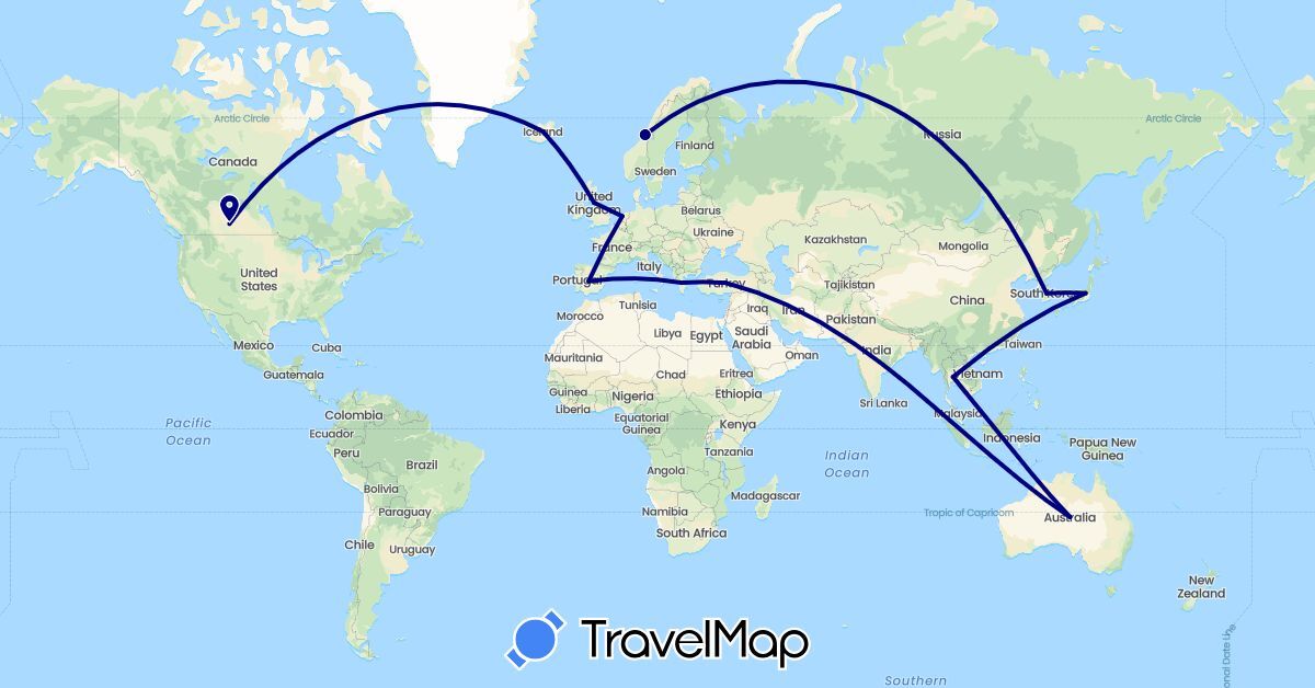 TravelMap itinerary: driving in Australia, Spain, United Kingdom, Greece, Iceland, Japan, South Korea, Netherlands, Norway, Thailand, Turkey (Asia, Europe, Oceania)